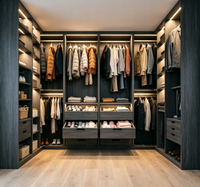 Dressing sur mesure en forme de U, armoire intégrée en bois foncé avec éclairage LED, meuble de rangement pour dressing