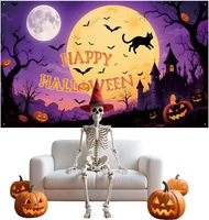 Toile de fond photo pour boutique de bonbons d'Halloween, avec citrouille violette, balai de sorcière, décor de fête, bannière personnalisable