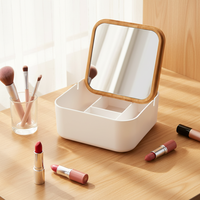 Organisateur de cosmétiques en bambou de luxe moderne, boîte de rangement rectangulaire pour bijoux, boîte de toilette biodégradable avec miroir pour la maison et le bureau