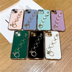 高級3Dハートブレスレットメッキレーザーエッチングモバイルバックカバーiphone x xr 11 12 13 14 15 pro max case tpu skin protective