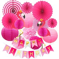 Kit de Décoration Anniversaire Tropical Flamant Rose : Éventails en Papier, Lanternes, Pompons, Guirlandes Nid d'Abeille pour Fêtes Hawaïennes Luau et d'Été