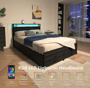 Modern <strong>Platform</strong> <strong>Bed</strong> <strong>Frame</strong> with 8 Storage Drawers Power Outlet LED Lights Headboard Stable Solid Black for Bedroom - Product Image 2