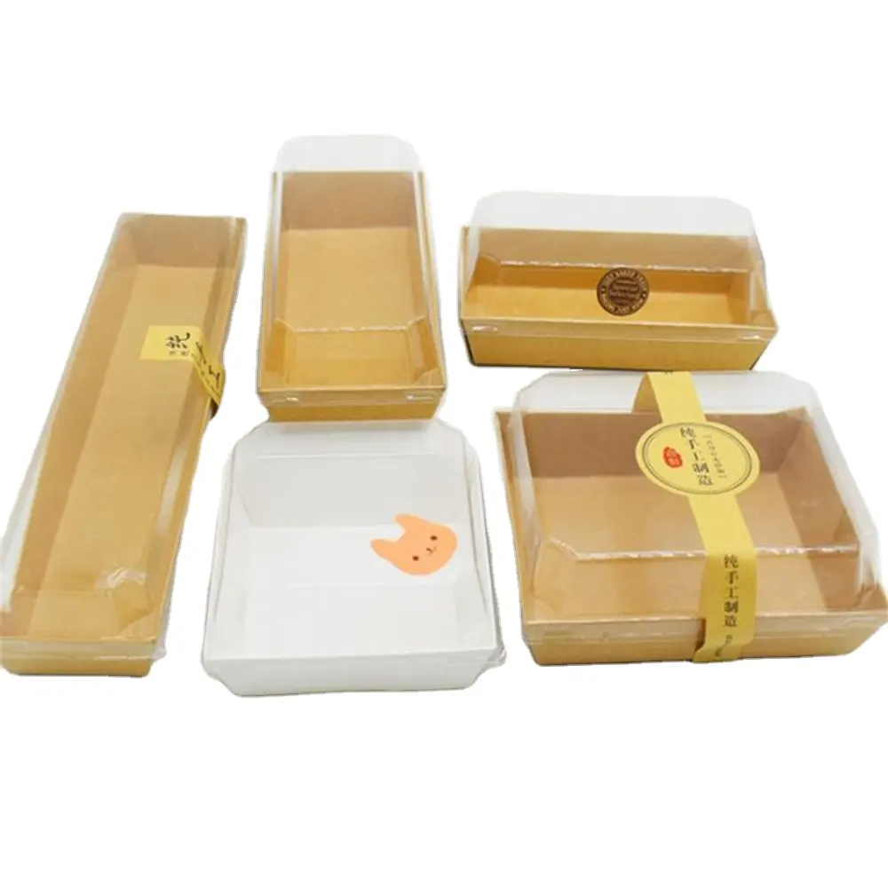 Boîte à gâteaux et salade en Kraft, emballage personnalisé de qualité alimentaire, coffret d'emballage à sandwich avec couvercle transparent en PET, plateau de transport personnalisé, vente en gros, 10 pièces