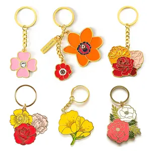 Vente en gros émail doux mignon plaqué or porte-clés en métal porte-clés de fleur personnalisé émail belle breloque porte-clés
