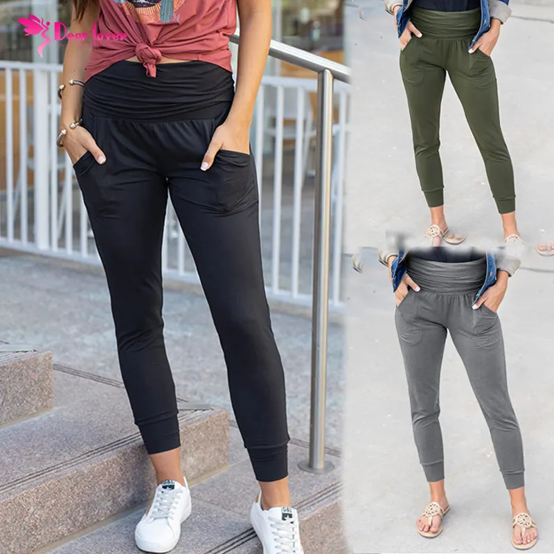 Fashion Ladies Solid High-Waisted Side Pocketed Casual Joggers Women Pants