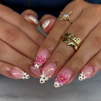 Faux ongles 3D roses à presser, forme amande moyenne, French manucure nude avec pois, pour femme, usage quotidien estival