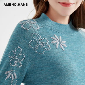 Phụ Nữ Áo Len Màu Sắc Rắn Thêu 100% Len Nửa Tay Áo Phụ Nữ Áo Thun Áo Len - Product Image 3