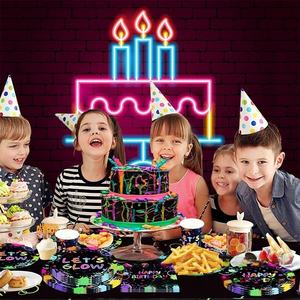 Graffiti fluorescenti al Neon luci da ballo per feste stoviglie illuminiamo festa di compleanno piatto di carta decorazioni a tema unico - Product Image 2