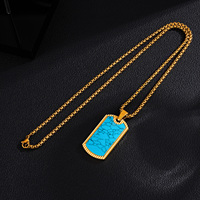 Collier unisexe en acier inoxydable plaqué argent avec pendentif rectangulaire en pierre naturelle turquoise style punk, vente en gros