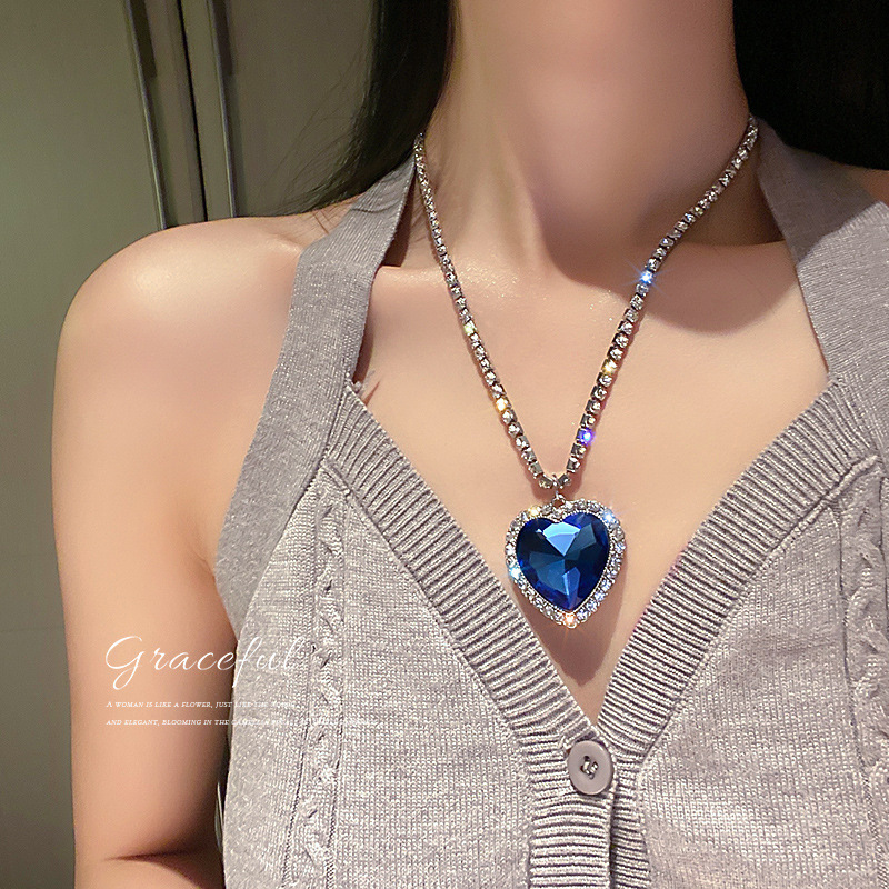 Sterling Silver Heart Of The Ocean Necklace - Titanic Style Pendant With Blue Crystal, 45cm Chain