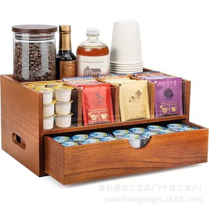 Wooden Double Layered Compartmentalized Desk Organizer With <b>Drawer</b> For Tea Coffee <b>Storage</b> Rectangle Solid Color Office Organizer - Product Image 5