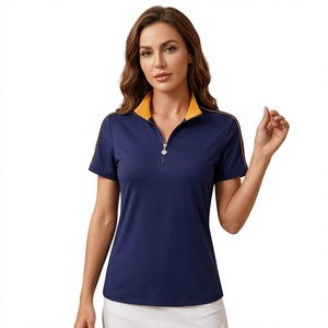 Polo d'été pour femme à col montant semi-zippé bleu marine, manches courtes, fermeture éclair métallique semi-ouverte, rayures fines contrastantes, coupe raglan - Product Image 4