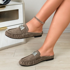 Ladies Comfortable Casual Flat Buckle All Seasons <strong>Taupe</strong> Suede Mules Metal Decor Slip-on <strong>Shoes</strong> - Product Image 2