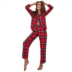 Conjunto de Pijama de Mujer de 2 Piezas a Cuadros, Transpirable, con Cintura Elástica, de Poliéster, con Mangas Largas, para Primavera, Verano y Otoño, Ropa Casual - Product Image 3