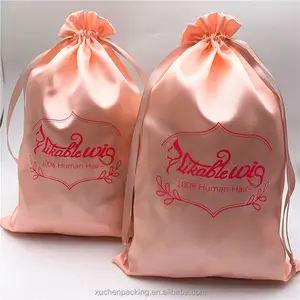 Custom Size Pink Satin Women Wig Pouch Bags With Logo Satin Dust Bag For Wig Hair Bundles Packaging