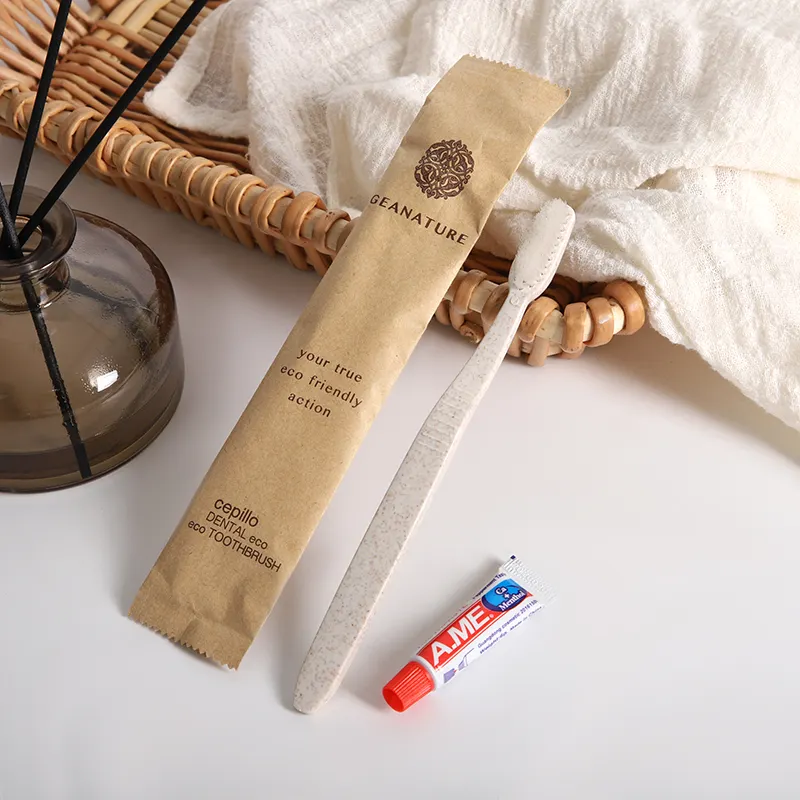 Пользовательская биоразлагаемая Пшеничная солома одноразовая зубная щетка с зубной пастой для отеля