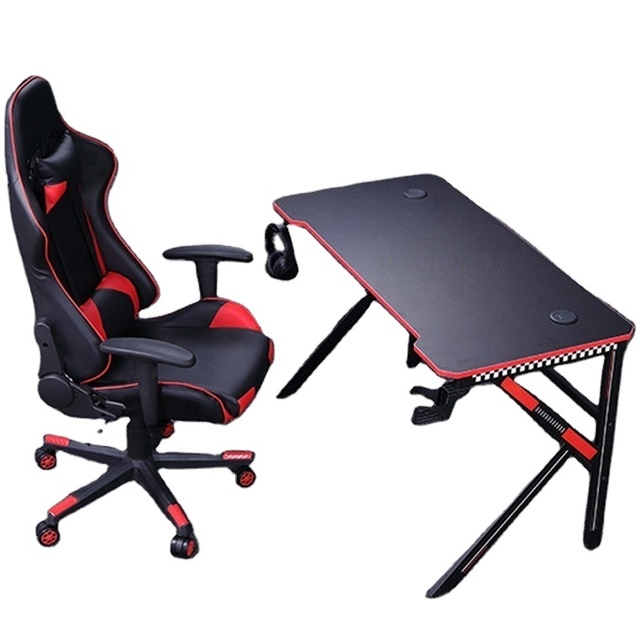 High Quality Custom Large Metal MDF Racing RGB Light Adjustable Extendable Gamer Table Chair Set Office Gaming Desk Headset Hook