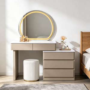 Modern Beige Makeup <b>Vanity</b> With Round LED Mirror Storage Cabinet And White Stool Bedroom Dressing <b>Table</b> - Product Image 1