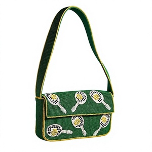 Sac à bandoulière en toile vert brodé pour raquette de tennis, style sport décontracté, sac à main pour usage quotidien, perles de verre - Product Image 1