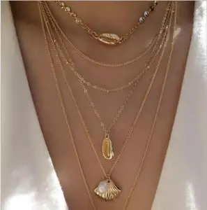 新时尚天然贝壳多层合金金链项链为妇女简单的贝壳海洋海滩波西米亚项链首饰礼物