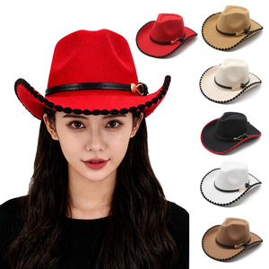 Sombrero de Vaquero de Ala Ancha, Estilo Occidental, de Poliéster Suave, para Fiestas, en Rojo, Negro, Blanco, Beige, Camel y Caqui, MZ096 - Product Image 1