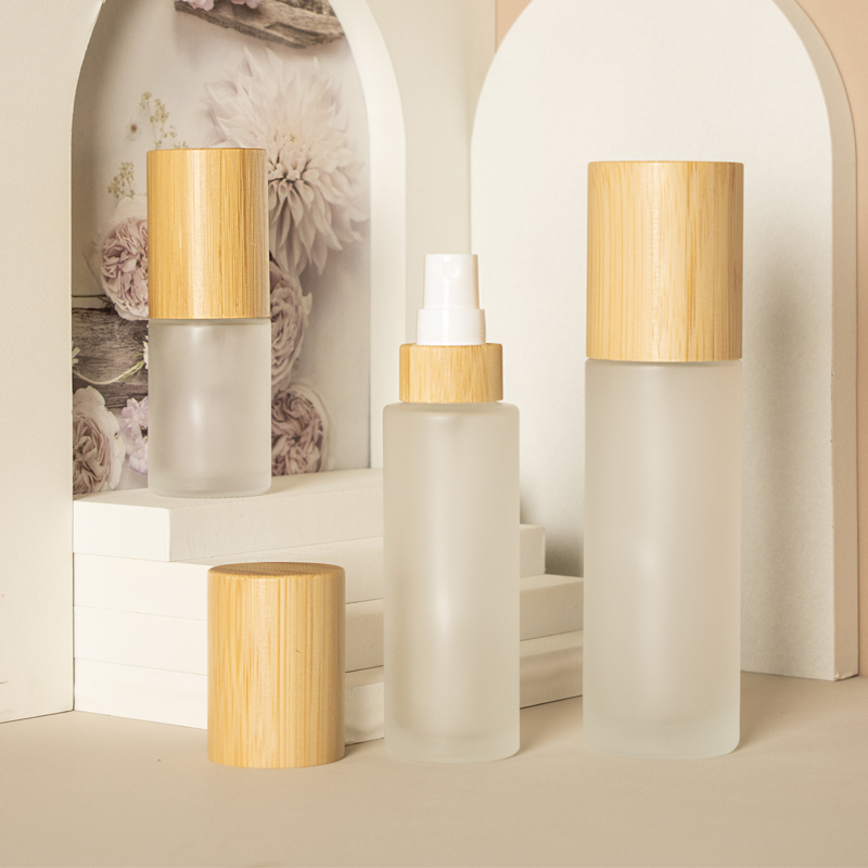 High Quality Frosted Glass Spray Bottle 30/60/100ml Bamboo Lid With Roll Cap & Fine Mist Screen Printed Surface In Stock
