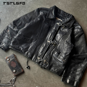 Vestes en <span class=keywords><strong>cuir</strong></span> pour hommes, style motard, avec fermeture éclair personnalisée, boucle de pompier, fermoir à homard, cire noire, <span class=keywords><strong>simili</strong></span> <span class=keywords><strong>cuir</strong></span> - Product Image 3
