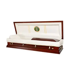 Wholesale American Style Casket Champagne Finish Supper Funeral Supplies Wooden Caskets Coffins Adult With Metal Last