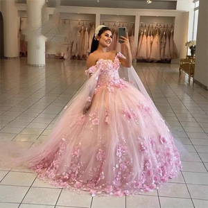 Pink Off Shoulder Floral Ball Gown Empire Waist Chiffon Prom Dress With 3D Flowers For Adult Ceremony Tutu Skirt Multiple Colors - Product Image 2