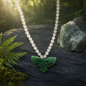 Collar Mala de cuentas de selenita con colgante de Fénix de aventurina verde - Abraza la transformación y la renovación - Product Image 3
