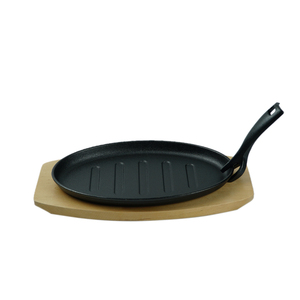 Placa de chisporroteo ovalada de hierro fundido de diseño moderno con base de madera Grill Steak Pan <span class=keywords><strong>Wok</strong></span> Pan - Product Image 4