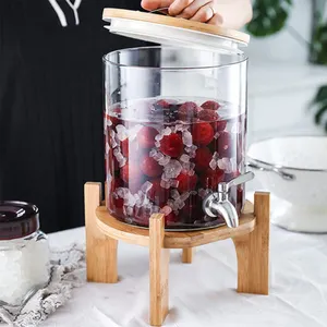 10L Heat-resistant Juice Alcohol Cold Drink Glass Beverage Dispensers With Wooden Rack Lid Spigot, Party Water Jug