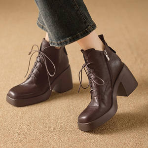 Botas de Moda Clásicas Retro Francesas con Parte Superior de Cuero Genuino, Cierre de Cordones, Tacón Cuadrado de Altura Media, Diseño Versátil para Mujer - Product Image 5