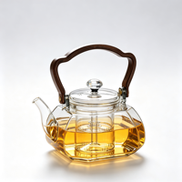 Bouilloire à thé en verre borosilicate transparent avec poignée en bois, infuseur amovible, bec verseur résistant à la chaleur, couvercle, pot de préparation de thé pour la maison