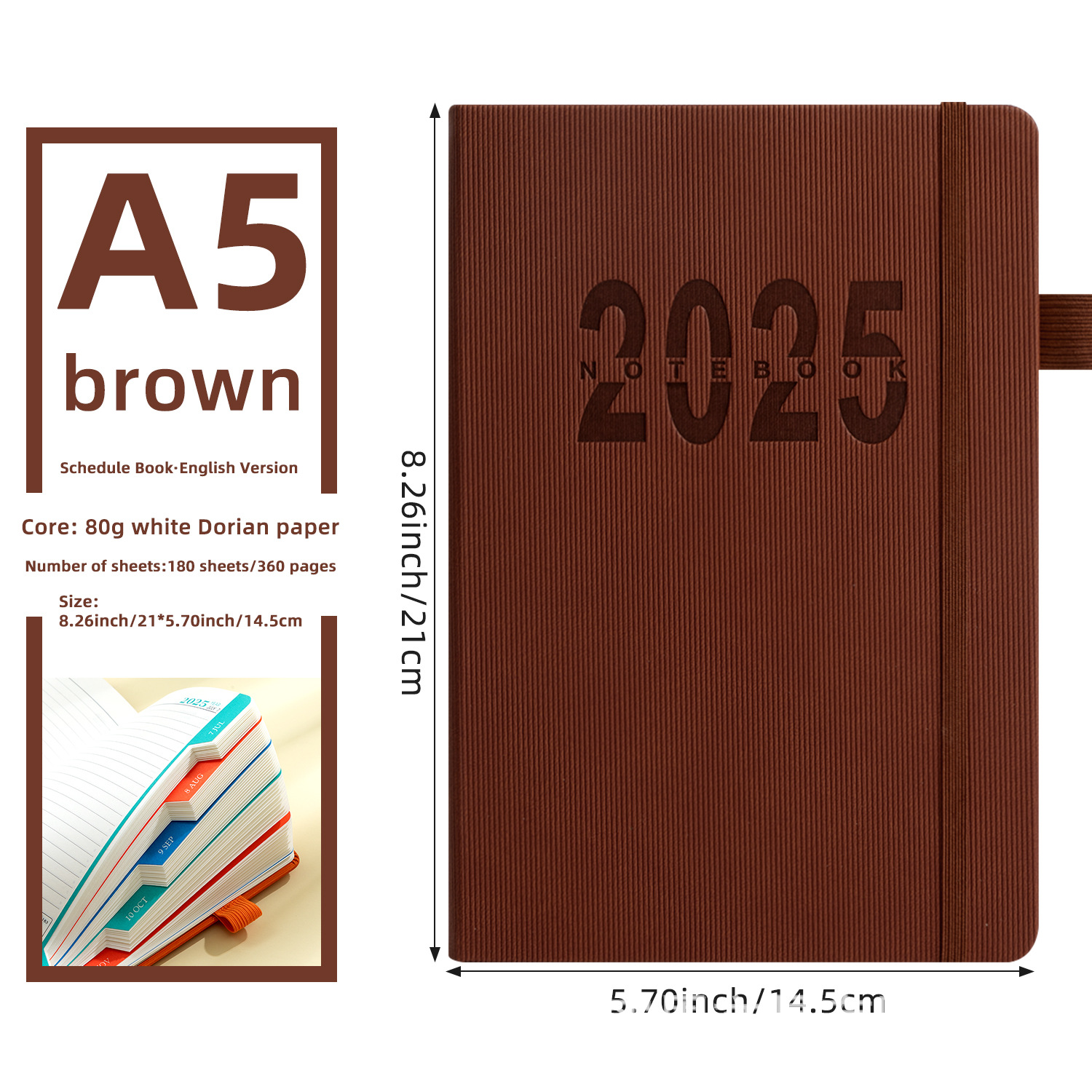 Vertical Strap Schedule Book-A5 Brown (English Inner Page)