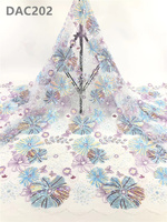 Tissu en Tulle Brodé de Fleurs, Voile de Dentelle Nuptiale Française, Tissu en Dentelle Élastique Brodé de Paillettes en Polyester avec Perles pour 5 Yards