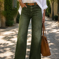 Jean pour femme taille haute, coupe large, vert olive, grandes poches plaquées, ourlet brut, délavage vintage, style baggy