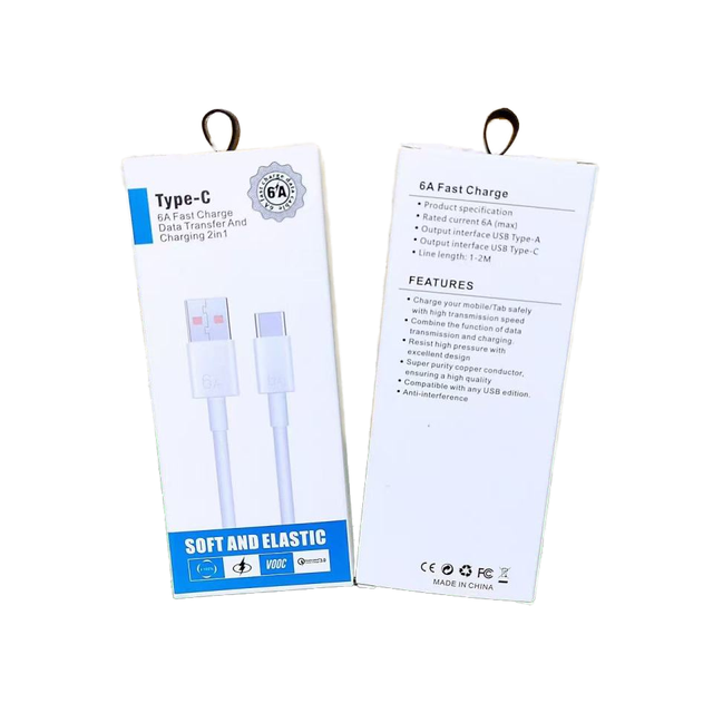 Type-C USB 6A Quick Charge Cable 1m PVC Jacketed Fast Charging Data Charger for Phone IOS Tablet USBC Earphones Pure Copper