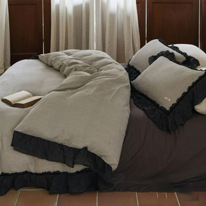 Custom French Pure Linen Yarn-dyed Stripe <strong>Ruffled</strong> Linen Bedding <strong>Set</strong> - Product Image 5