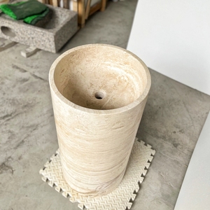 Lavabo sur pied rond en travertin beige naturel personnalisé, lavabo autoportant pour salle <span class=keywords><strong>de</strong></span> bain, lavabos pour hôtel moderne, maison - Product Image 2