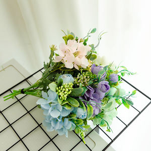 Mini Flower Head Rose Bouquet Plastic Fruit Green Leaves Silk Plant Flower Artificial Rose For Table Vase Home Birthday Decor