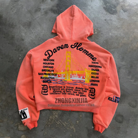 Sweat à capuche zippé streetwear coupe ample 100% coton, design personnalisé OEM/ODM, impression artistique multi-textes, effet vieilli vintage délavé à l'acide