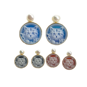 Nouvelles boucles d'oreilles <span class=keywords><strong>camée</strong></span> chat sculptées à la main en pierres précieuses naturelles à la mode de 15mm pour cadeaux - Product Image 4