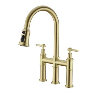 North American Bridge Style Pull Out Kitchen Faucet 2 Handle 360 Degree Rotate Traditional Brass Deck Mounted - Product Image 4