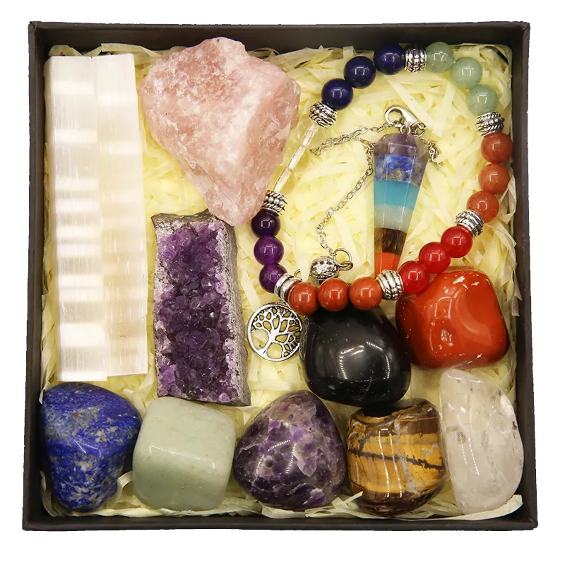 Spirituelle Chakra-Heil kristalle setzen Tumbled Stone Amethyst Cluster Kit mit Box als Geschenk