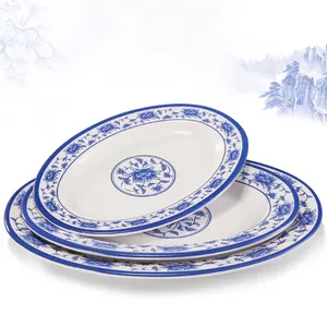Blue And White Plates Melamine Oval Dining Charger Dinner Fish Plate For Restaurant