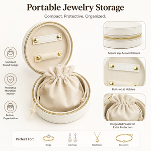 Portable Round PU Leather Jewelry Box with Built-in Microfiber Pouch Travel Jewelry Organizer Case 10x10x4.5cm - Product Image 3