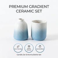 Ensemble de pots à bougies en céramique bleu dégradé de qualité supérieure et de bouteilles d'aromathérapie, vase diffuseur d'arômes en porcelaine mate avec logo personnalisé