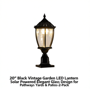 Lanterne LED de jardin vintage noire, 20 pouces, en verre, alimentée à l'énergie solaire, pour allées, cours, patios, lot de 2 - Product Image 1