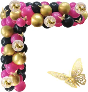 115 Uds. Kit de arco de Globos de Oro Negro rosa fuerte, juego de decoraciones de fiesta de globos de látex con pegatinas de mariposa dorada 3D